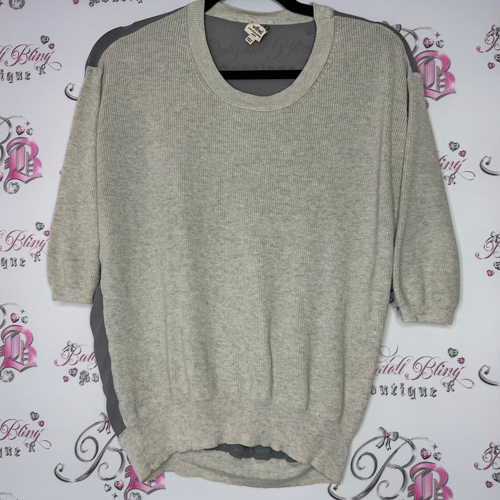 Wilfred sweater silk and cashmere knit front and mesh back grey cream stretchy